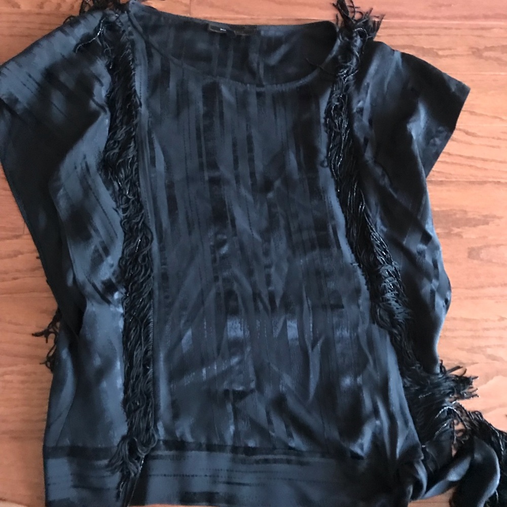 BCBG black dressy top wth side tie and fringe